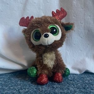 TY Christmas Beanie Boo FUDGE brown Reindeer plush Glitter Eyes Christmas